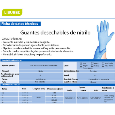 GUANTES DE NITRILO SIN POLVO LISUBEL 100 UNIDADES TALLA XL