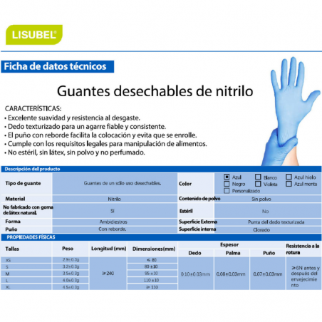 GUANTES DE NITRILO SIN POLVO LISUBEL 100 UNIDADES TALLA XL