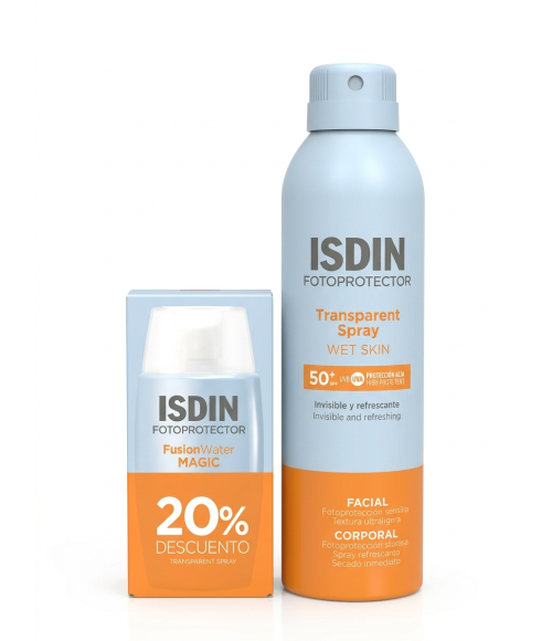 PACK ISDIN FOTOPROTECTOR TRANSPARENT SPRAY 50SPF + FUSION WATER MAGIC