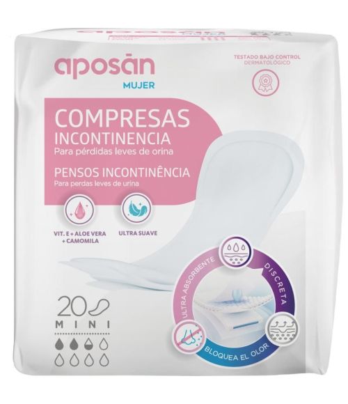 COMPRESA INCONTINENCIA ORINA LEVES APOSAN MUJER MINI 20 UNIDADES