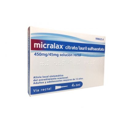 MICRALAX CITRATO/LAURIL SULFOACETATO 450 MG/ML + 45 MG/ML SOLUCION RECTAL 4 ENEMAS 5 ML